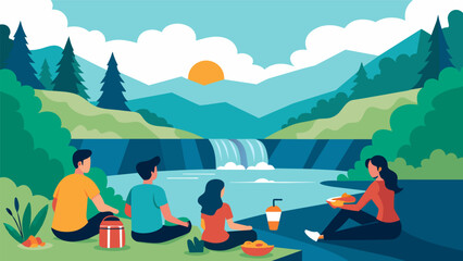 Fototapeta premium A group of friends riding along a riverbank stopping for a picnic at a quiet spot with a beautiful waterfall as their backdrop..