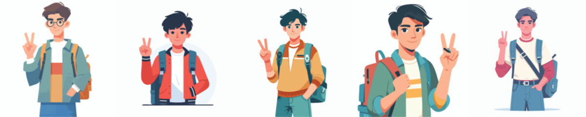 Teen Boys with Backpacks Showing Peace Sign – Vector Illustration Set
