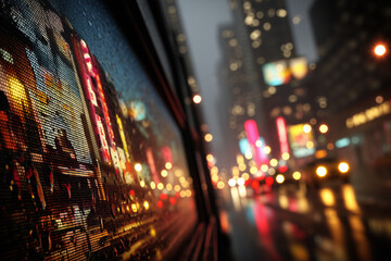 Obraz premium Vibrant City Night Lights Rain Wet Window Urban Street Bokeh Dynamic Traffic View Atmosphere