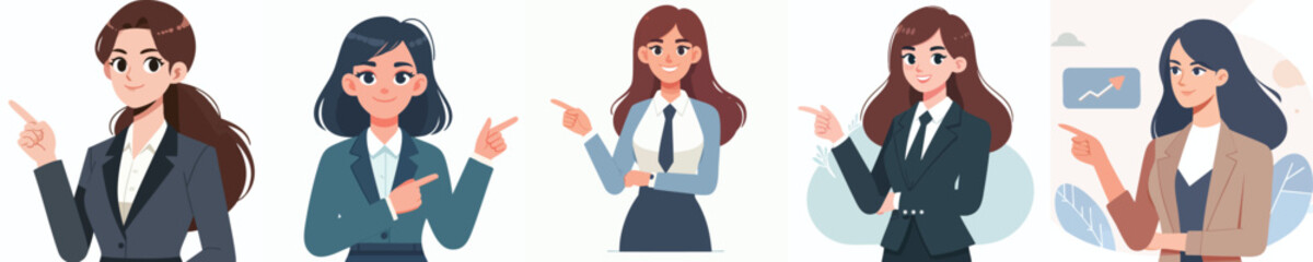 Professional Women Pointing Gesture – Vector Cartoon Business Characters
