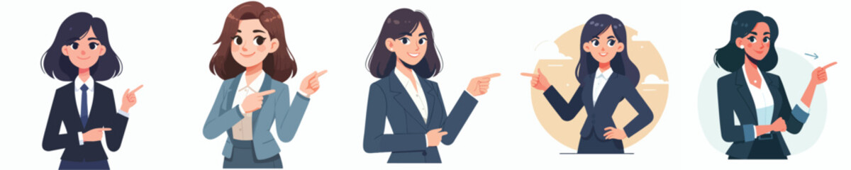 Pointing Female Office Characters – Flat Style Businesswoman Vector Set