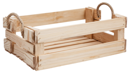 wooden crate with rope handles on white background.