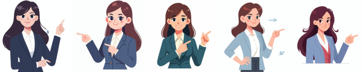 Business Woman Characters Pointing – Flat Cartoon Vector Illustration Set