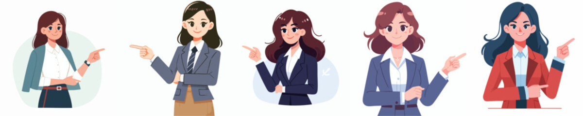 Vector Cartoon Female Characters Pointing – Professional Office Woman Set