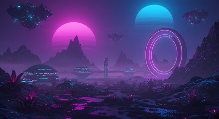 Surreal science fiction landscape at night with glowing neon pink and blue lights, a portal, and spaceships in a retro-futuristic synthwave style