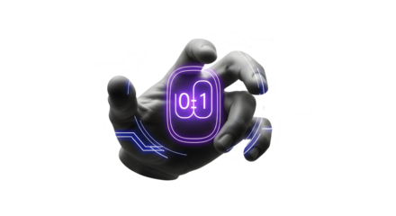 Digital transformation is at your fingertips with this modern neon binary code, perfect for illustrating innovative technology, artificial intelligence, and the future of data with a human touch