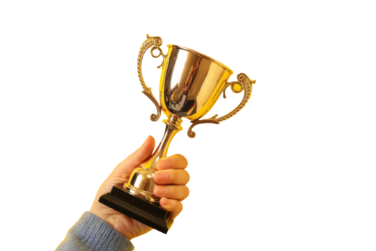 golden trophy in hand on white background.