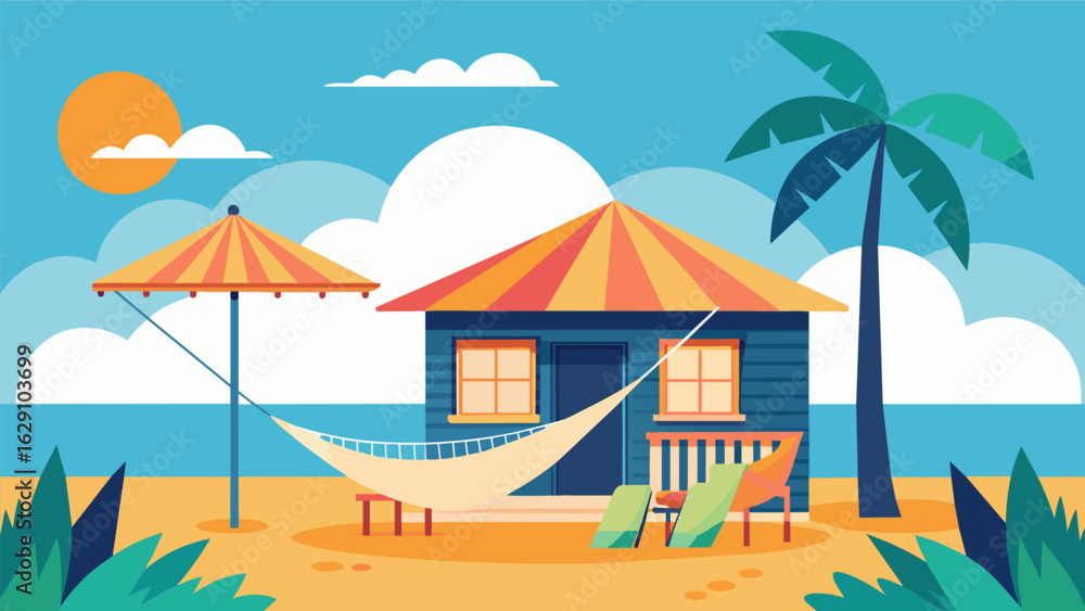 Poster a breezy beach house where a person can take a break from the sun and nap in a hammock under the sha