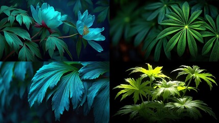 Collage of vibrant teal flora, close-ups of petals and leaves in varying light