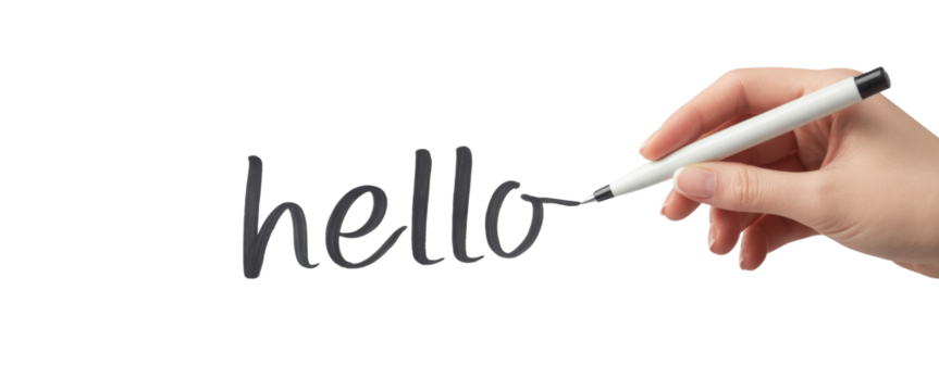 hello writing on transparent background, hand holding pen.