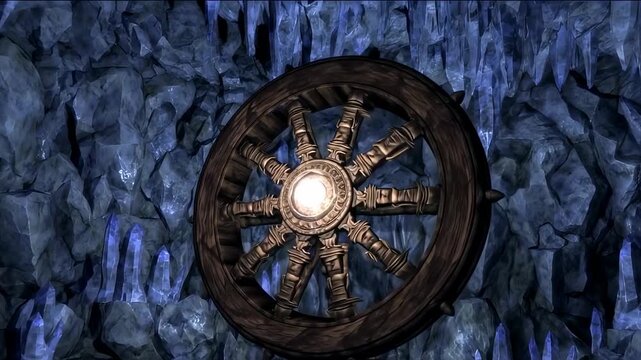 Mystical Wheel of Time: Ancient Symbol in Crystal Cave, Fantasy World