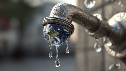 A Fragile Planet Earth Dripping Slowly from a Weathered Metal Faucet