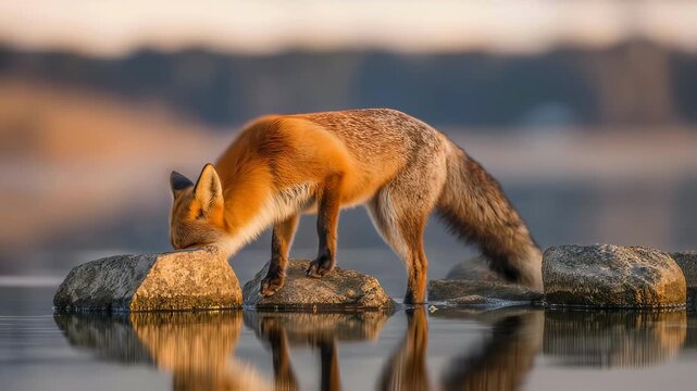 Red fox perched on river stones, intently focused on prey over glassy water in a pristine natural hunting scene