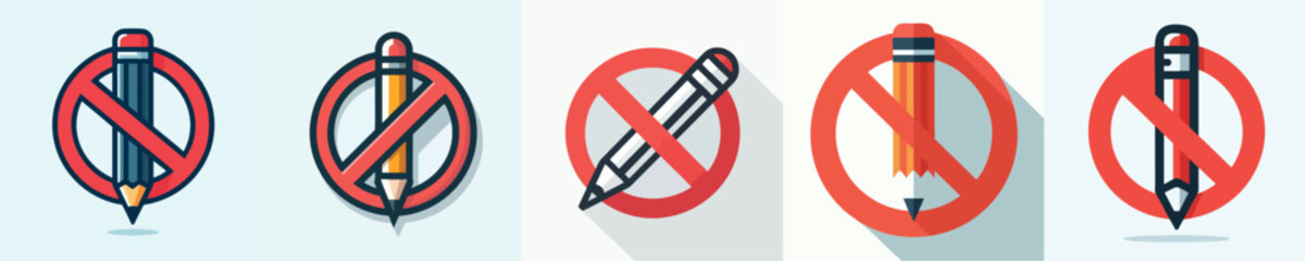 No Pencil Icon Set – Prohibition Signs in Flat Vector Style