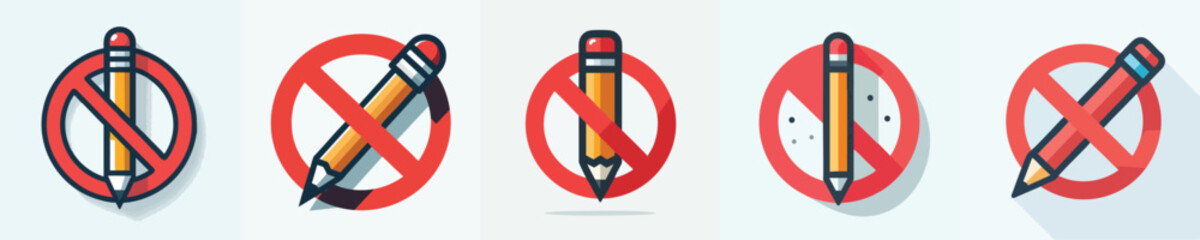 No Pencil Icon Set – Vector Flat Prohibited Writing Tools with Red Ban Sign