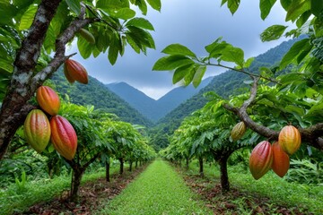 Lush cocoa plantation landscape