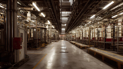 Long Industrial Factory Interior with Rows of Machinery