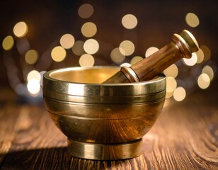 Brass mortar and pestle on wooden table with bokeh lights