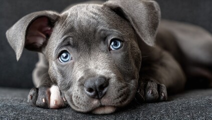 A Grey Pitbull Puppy with Luminous Blue Eyes Rests its Head, Gazing Soulfully