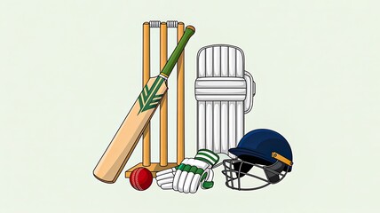 Cricket equipment illustration including bat, ball, stumps, gloves, helmet and pads on light background 