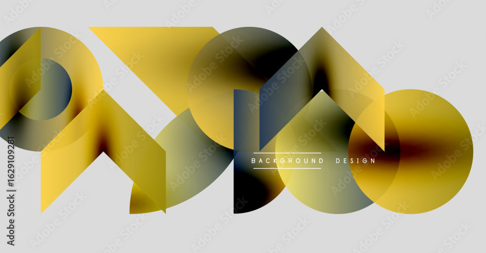 Poster abstract geometric shapes overlap, creating dynamic golden hues. minimalist design with gradient eff