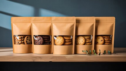 Assorted cookies in kraft paper packaging bags lined up on wooden table with window light for snack branding concept
