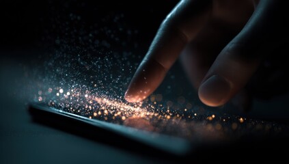 A Luminous Touch Ignites a Swirl of Digital Stardust on a Dark Screen.