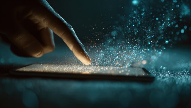 A Luminous Touch: Finger Ignites a Swirl of Glowing Digital Particles
