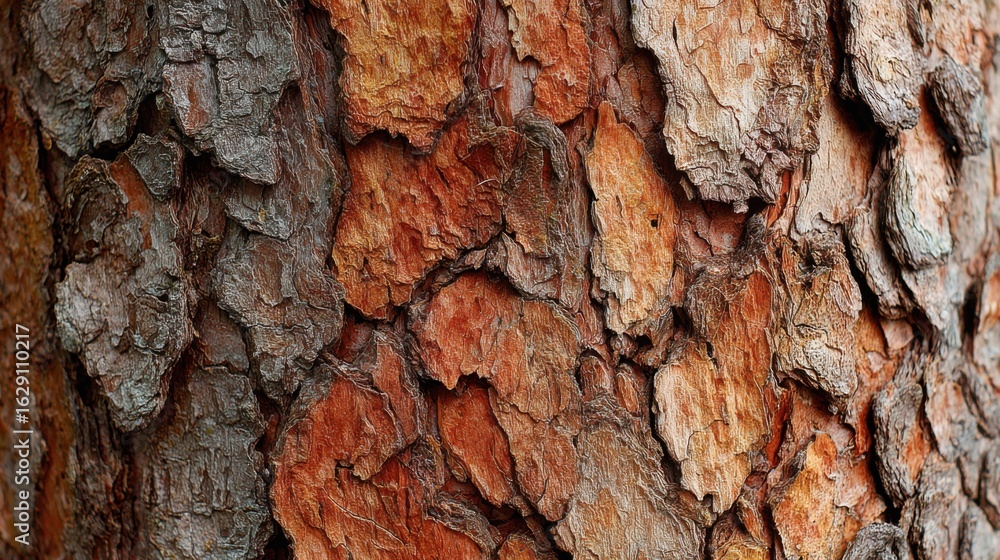 Poster close-up view of a pine tree trunk revealing intricate textures and patterns in shades of orange, br
