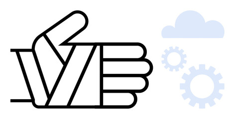 Outlined thumbs-up gesture alongside minimalistic cloud and gear icons. Ideal for innovation, teamwork, technology, support, collaboration, planning, success. A simple flat metaphor