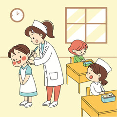 Kids getting vaccinated at school in cartoon style generated by ai