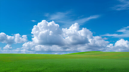 Fototapeta premium Lush Green Field Under Bright Blue Sky with Fluffy White Clouds in the Background