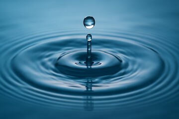 Calming Rhythms A single, perfect water droplet creating mesmerizing ripples on a serene blue surface.
