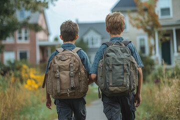Fototapeta premium boys walking down a path with backpacks.