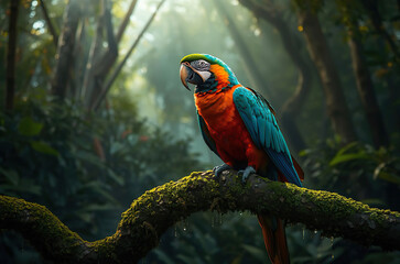 Obraz premium Close Up of Colorful Macaw on Mossy Tree Branch in Wild Forest with Fresh Morning Light 