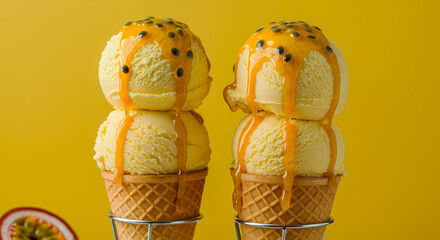 Passion Fruit Ice Cream, Double Scoop Cone, Tropical Dessert, Yellow Background, Sweet Treat, Summer Food, Gourmet Ice Cream, Fruity Flavor