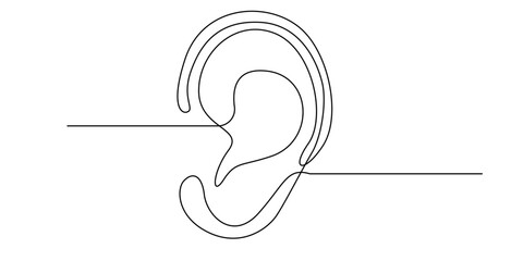 Continuous line drawing of a human ear, symbolizing hearing, listening, or communication. Minimalist design ideal for healthcare, audiology, customer service, or mindfulness-related themes.