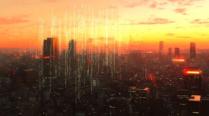 Fototapeta premium Futuristic cityscape sunset view