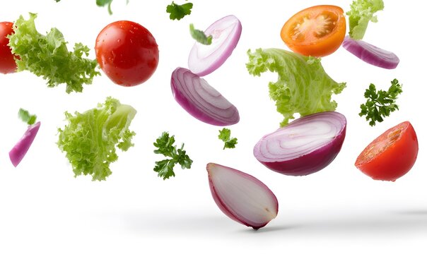 Falling vegetables, sliced onions, and tomatoes isolated on a white background with a clipping path. Realistic of fresh salad ingredients flying in the air.