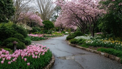 Obraz premium A Serene Spring Garden Path Lined with Pink Tulips and Cherry Blossoms