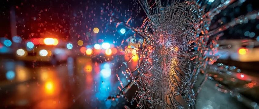 On a rainy night, the broken windscreen reveals emergency response.