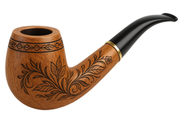 Ornate smoking pipe with floral engravings isolated on transparent background