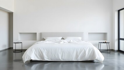 Fototapeta premium Luxurious hotel bedroom interior with a comfortable bed, soft pillows, and stylish decor