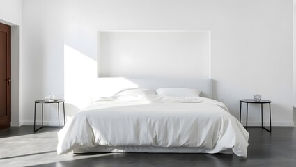 Luxurious white bed with crisp linen sheets and pillows in a hotel room with a lamp on a bedside table