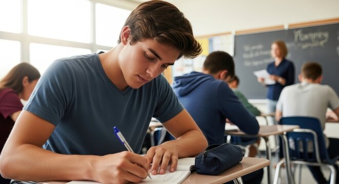 A young man in a classroom, focused on writing in a notebook.