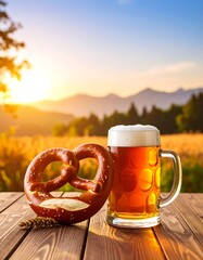 Brewery scene with pretzels and beer