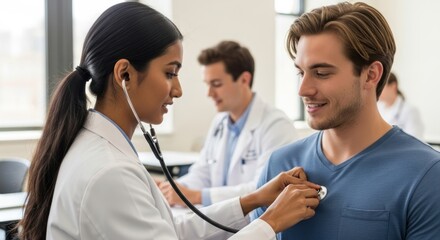 Fototapeta premium A young woman in a white coat listens to a young man's heartbeat with a stethoscope in a medical office.
