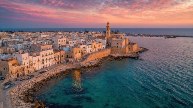 A picturesque coastal village showcases historic buildings along the shore, as the sun sets, painting the sky with vibrant hues over the tranquil sea and rocky shoreline.