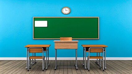 Classroom interior with green chalkboard, wooden desks and blue wall in school education setting
