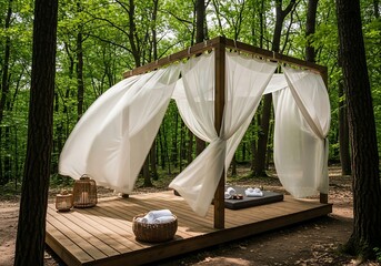 Serene forest escape: Outdoor spa sanctuary with flowing curtains and wooden platform